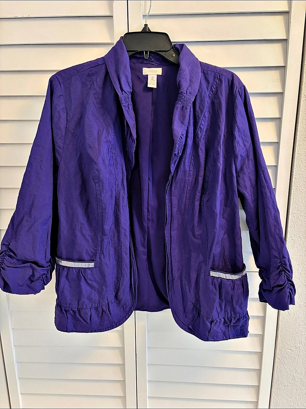 Chico's Purple Crinkle Rhinestone Pockets Open Front Jacket Size 2 / 12